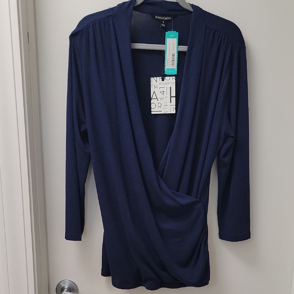 41 Hawthorn Navy Draped Wrap-Front Blouse - Picture 3 of 13